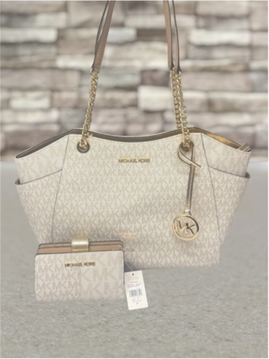 Michael Kors Handbags - Michael Kors Chain Tote & Wallet Set MK Signature Logo Pale Gold/Cream